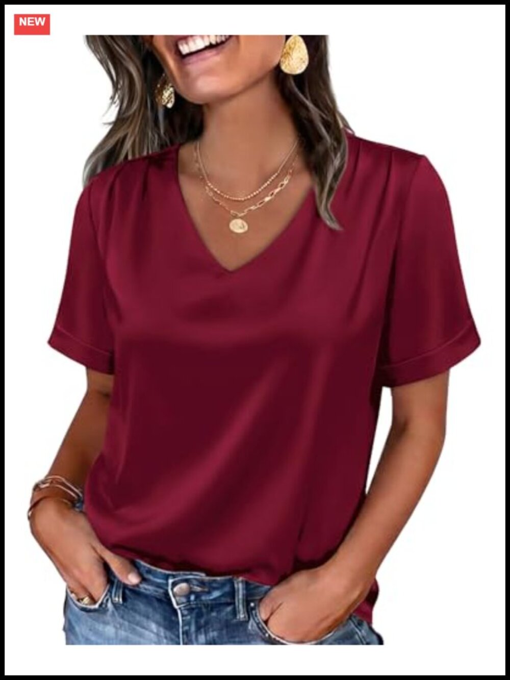 Womens Pleated V-Neck Work Blouse Short Sleeve Dressy Casual Top